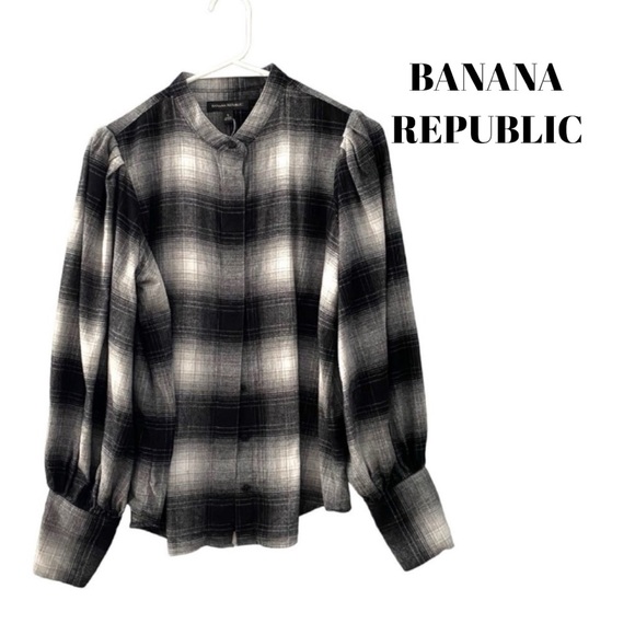 Banana Republic Plaid Flannel Shirt Blouse Long Sleeves Black White S - Picture 2 of 15